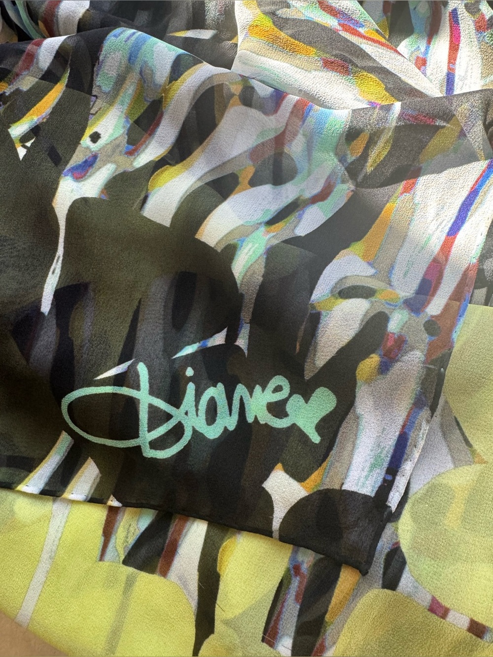 Diane Von Furstenberg Vintage Yellow and Multi-Color Abstract Silk Scarf - Picture 2 of 7